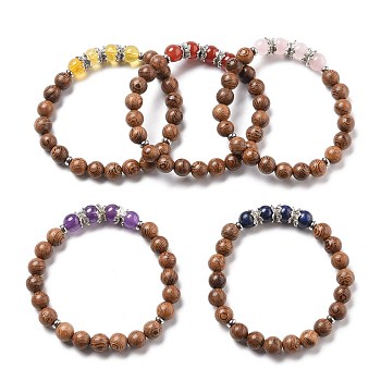 Stretch Bracelets, with Round Natural Gemstone Beads, Natural Wood Beads, Alloy Bead Caps and 304 Stainless Steel Spacer Beads, Inner Diameter: 2-1/8 inch(5.5cm)