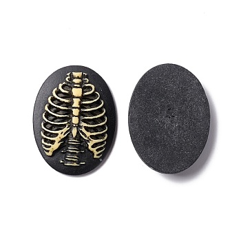 Halloween Cameos Opaque Resin Cabochons, Oval, Black, Skeleton Pattern, 39.5x29.5x7mm