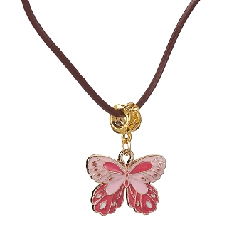 Alloy Enamel Butterfly Pendant Necklaces, with Cowhide Leather Cord, Pink, 19.61~19.80 inch(49.8~50.3cm)
