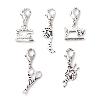 Measuring Tape Tibetan Style Zinc Alloy Pendant Decorations, with Zinc Alloy Lobster Claw Clasps, Lead Free & Cadmium Free, Mixed Shapes, Antique Silver, 32~44mm, Pendants: 13~28x10~20x1.5~5mm