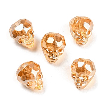 Electroplate Transparent Handmade Lampwork Beads, Faceted Skull, Orange, 15~15.5x13~13.5x14~14.5mm, Hole: 1.6mm, 5pcs/bag