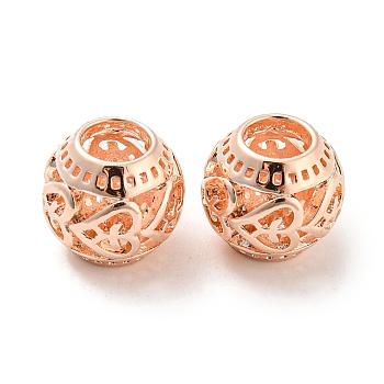 Alloy European Beads, Large Hole Beads, Hollow, Round with Heart, Rose Gold, 10.5x9.5mm, Hole: 4.7mm
