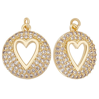 6Pcs Brass Micro Pave Clear Cubic Zirconia Pendants, Long-Lasting Plated, Flat Round with Heart Charm, Real 18K Gold Plated, 18x15.5x3.3mm, Hole: 2mm