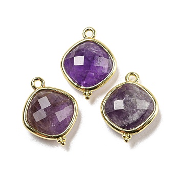 Natural Amethyst Pendants, Rack Plating Golden Plated Brass Faceted Rhombus Charms, 19x14.5x5.5mm, Hole: 1.6mm