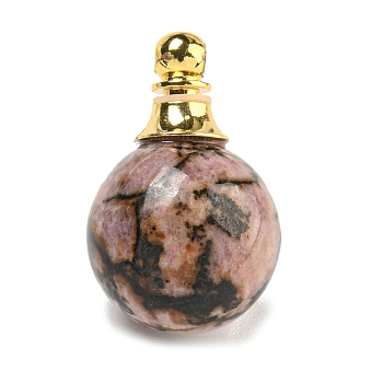 Natural Rhodonite Perfume Bottle Pendants, with 304 Stainless Steel Findings, Round, 25x16mm, Hole: 2mm