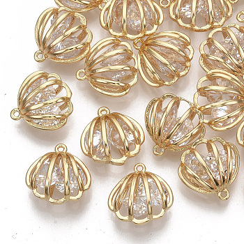 Brass Cubic Zirconia Charms, Nickel Free, Scallop, Clear, Real 18K Gold Plated, 12x13x7mm, Hole: 0.9mm