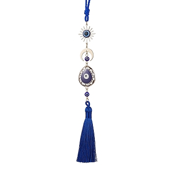 Teardrop with Evil Eye Plastic Enamel & Brass Moon/Sun Pendant Decorations, Braided Nylon Thread Tassel Hanging Ornaments, Blue, 303mm