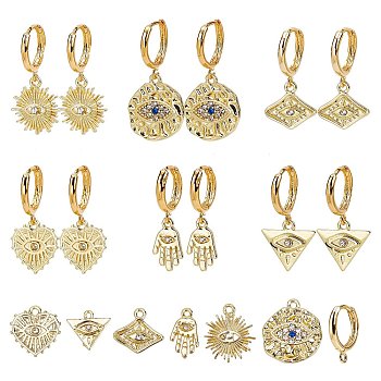 DIY Earring Making, with Brass Huggie Hoop Earring Findings and Alloy Pendants, Mixed Shapes, Real 18K Gold Plated, Pendant: 12pcs/box