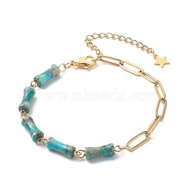 Natural Imperial Jasper(Dyed) Bamboo Joint Beaded Bracelet with Golden 304 Stainless Steel Chains for Women(BJEW-JB09028)-2