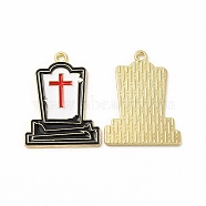 Halloween Theme Rack Plating Spray Painted Alloy Enamel Pendants, Tomb with Cross Charms, Cadmium Free & Nickel Free & Lead Free, Light Gold, White, 25x19x3mm, Hole: 1.6mm(FIND-G054-13LG-01)