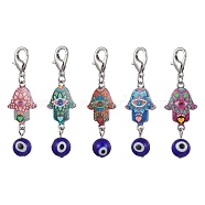 Hamsa Hand with Evil Eye Alloy Enamel & Lampwork Pendant Decorations, with Alloy Lobster Claw Clasps, Platinum, 55mm(HJEW-JM01672)