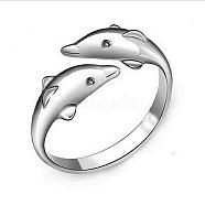 Simple Fashion Style Brass Dolphin Lover Cuff Rings, Open Rings, Platinum, Size 6, 16mm(RJEW-EE0002-003P-B)