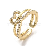 Brass Micro Pave Cubic Zirconia Open Cuff Rings, Heart, Real 18K Gold Plated, US Size 5 3/4(16.3mm)(RJEW-M170-20G)