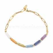 Natural Mixed Gemstone Column Beaded Anklet with Brass Paperclip Chains for Women, Golden, 10-1/4 inch(26cm)(AJEW-AN00494)