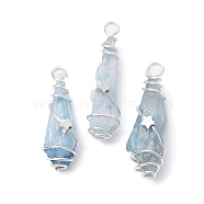 Electroplated Natural Quartz Crystal Dyed Copper Wire Wrapped Pendants, Teardrop Charms with Brass Star, Silver Color Plated, Sky Blue, 27~37x7~13x6.5~10.5mm, Hole: 3.5mm(PALLOY-JF02327-04)