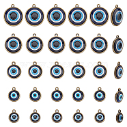30Pcs 5 Style Plastic Pendants, with Alloy Findings, Flat Round with Evil Eye, Antique Bronze, 16~24x12.5~22.5x4.5~5.5mm, Hole: 1.8~2mm, 6pcs/style(FIND-AR0002-82AB)