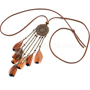 Feather Bib Statement Necklaces, Sweater Necklaces, with Alloy and Faux Suede Cord, Seed Beads, Antique Bronze, 33.4 inch(85cm)(NJEW-F270-01)