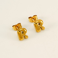 Chunk Letter 304 Stainless Steel Stud Earrings for Women, Real 18K Gold Plated, Letter R, 7.5~8.5x5~10.5mm(EJEW-G386-01R-G)