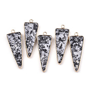 Natural Sesame Jasper Pointed Pendants, with Light Gold Plated Brass Edge and Loop, Triangle, Faceted, 45.5x16.5x6~7mm, Hole: 2.5mm(G-N326-56B)