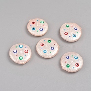 Paint Sprayed Shell Pearl Beads, with Enamel, Textured, Flat Round with Evil Eye, PeachPuff, 18.5~20.5x4.5~5.5mm, Hole: 0.8mm(BSHE-I010-10C)
