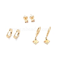 3 Pairs 3 Style Enamel Rhombus with Star Dangle Hoop Earrings, Ion Plating(IP) 304 Stainless Stud Earrings for Women, Golden, 7~26mm, Pin: 1mm, 1 Pair/style(EJEW-B020-10G)