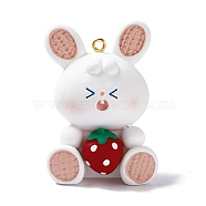 Opaque PVC Plastic Big Pendants, with Golden Tone Iron Loops, Rabbit Charms with Strawberry, Indian Red, Rabbit Pattern, 52x38x34mm, Hole: 2.2mm(RESI-G049-01E)