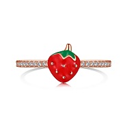 Enamel Strawberry Finger Rings, 925 Sterling Silver with Cubic Zirconia Ring for Women, Rose Gold, US Size 7(17.3mm)(RJEW-Q814-10RG)