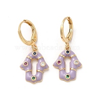 Hamsa Hand Real 18K Gold Plated Brass Dangle Hoop Earrings, with Cubic Zirconia and Enamel, Plum, 29x13mm(EJEW-L268-040G-03)