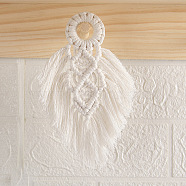 Cotton Rope Macrame Woven Tapestry Wall Hanging, Boho Style Hanging Ornament with Wood Ring Holder, for Home Decoration, Floral White, 170mm(MAKN-PW0001-017A)