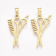 304 Stainless Steel Pendants, Scissor & Comb Shape, Golden, 34x19x2mm, Hole: 7.5x4mm(STAS-T045-30G)