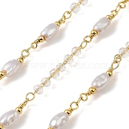 Brass Link Chains, with ABS Imitation Pearl & Quartz Crystal, Unwelded, with Spool, Real 18K Gold Plated, 19x4.5x4mm, about 32.81 Feet(10m)/Roll(CHC-K016-07G)