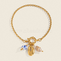 Ocean Style 304 Stainless Steel Charm Bracelets, Rolo Chain Bracelets for Women, Shell Shape, Real 18K Gold Plated, 7-1/2 inch(19cm)(MV5180)