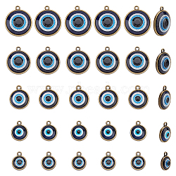 30Pcs 5 Style Plastic Pendants, with Alloy Findings, Flat Round with Evil Eye, Antique Bronze, 16~24x12.5~22.5x4.5~5.5mm, Hole: 1.8~2mm, 6pcs/style(FIND-AR0002-82AB)