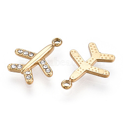 304 Stainless Steel Charms, Manual Polishing, with Rhinestone, Airplane Charm, Real 14K Gold Plated, 14x11x2mm, Hole: 1.4mm(STAS-T064-27G)