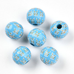 Easter Theme Printed Wood Beads, Round, Deep Sky Blue, 14.5~15x15.5~16.5mm, Hole: 4~4.5mm(WOOD-T032-22F)