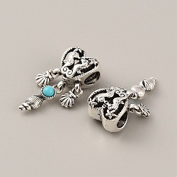 Tibetan Style Alloy European Dangle Charms, Large Hole Pendants, with Synthetic Turquoise Beads, Heart with Sea Horse and Shell, Antique Silver, 25x10.5x8.5mm, Hole: 4.5~4.6mm(FIND-TAC0001-67)