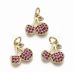 Brass Micro Pave OldRose Cubic Zirconia Charms, with Jump Rings, Nickel Free, Cherry, Real 16K Gold Plated, 12.5x13x3mm, Jump Ring: 5x0.8mm, 3.4mm inner diameter(ZIRC-S067-151-NF)