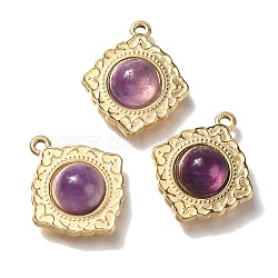 Natural Amethyst Pendants, Ion Plating(IP) 304 Stainless Steel Rhombus Charms, Real 18K Gold Plated, 20x18x6mm, Hole: 1.5mm(STAS-P371-009A-G)