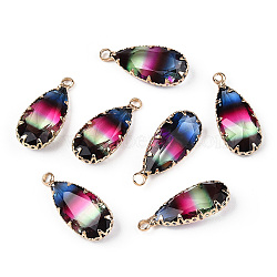 Rainbow Glass Pendants, with Brass Findings, Faceted, Teardrop, Golden, Colorful, 24x10.5x6mm, Hole: 1.5mm(GLAA-S179-02B)