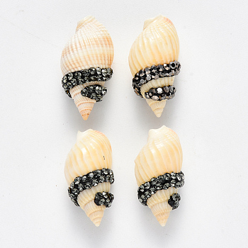 Spiral Shell Beads, with Polymer Clay Rhinestones, No Hole/Undrilled, Black Diamond, PP11(1.7~1.8mm), 22~26x11~13x10~11mm