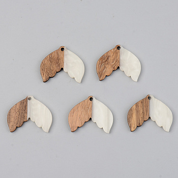 Opaque Resin & Walnut Wood Pendants, Fishtail Shape, Floral White, 23x28x3mm, Hole: 2mm