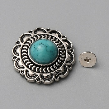 Zinc Alloy Buttons, with Synthetic Turquoise and Iron Screws, for Purse, Bags, Leather Crafts Decoration, Flower, Turquoise, 24~24.5x8.5mm, Hole: 2.5mm