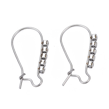 304 Stainless Steel Hoop Earrings Findings Kidney Ear Wires, with Clear Cubic Zirconia, Stainless Steel Color, 24x13mm, Pin: 0.7mm