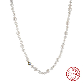 925 Sterling Silver with Natural Pearls Beads Necklaces, Cubic Zirconia Necklaces, Round, Real 14K Gold Plated, 16.34 inch(41.5cm)