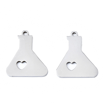 201 Stainless Steel Pendants, Laser Cut, Beaker with Heart, Stainless Steel Color, 18x15x1mm, Hole: 1.4mm