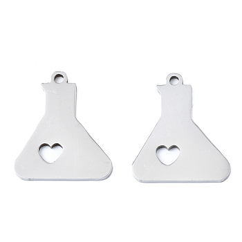 Non-Tarnish 201 Stainless Steel Pendants, Laser Cut, Beaker with Heart, Stainless Steel Color, 18x15x1mm, Hole: 1.4mm