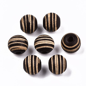 Painted Natural Wood Beads, Laser Engraved Pattern, Round with Zebra-Stripe, Coconut Brown, 10x8.5mm, Hole: 2.5mm