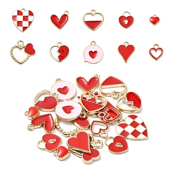 20Pcs 10 Styles Alloy Enamel Pendants, Heart, Red, 8~17.5x7.5~18x1.5~3mm, Hole: 1.5~3x1.5~4mm, 2pcs/style