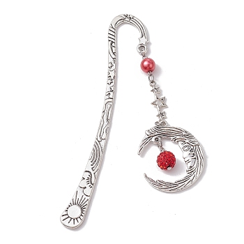 Alloy Moon Pendant Bookmark, Tibetan Style Alloy Hook Bookmarks, with Glass Pearl, Red, 112mm