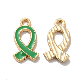 Alloy Enamel Pendants, Golden, Awareness Ribbon Charm, Green, 17x10x2mm, Hole: 1.6mm